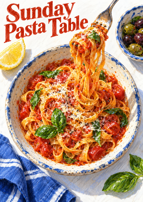 Bowl of tomato tagliatelle with basil and grated cheese, fork lifting pasta, lemon, olives, blue napkin, and red “Sunday Pasta Table” lettering.
