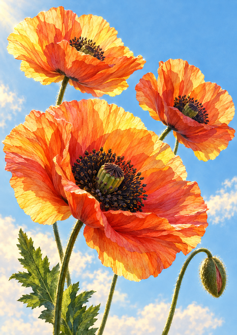 Three orange, coral and yellow poppies with dark centers, green stems and leaves, and an unopened bud against pale blue sky.