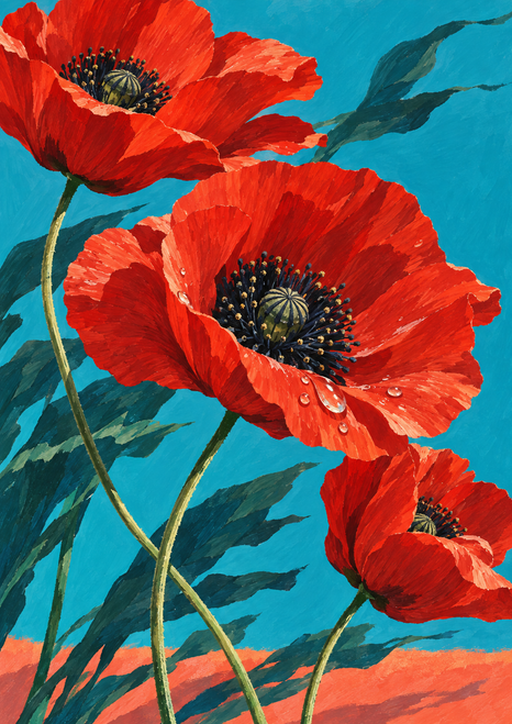 Three scarlet poppies with dark seed heads and raindrops against a turquoise background, with crossing stems and teal leaves.