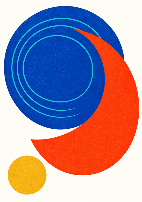 Cobalt circle with turquoise rings overlapping a vermilion crescent-like form, with a small golden disc on a warm pale ground.
