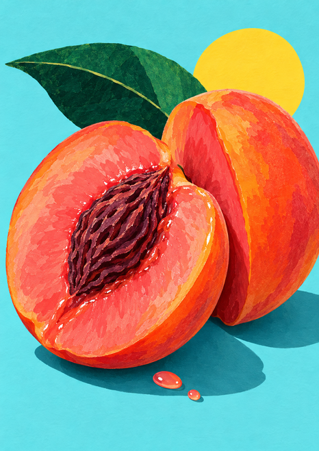 Whole and cut coral-red peach with exposed dark pit, green leaf, yellow sun disc, and two droplets on a turquoise background.