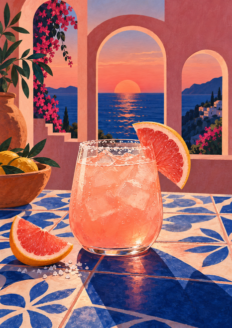 A pink grapefruit cocktail with citrus wedges sits on patterned terrace tiles before arched openings framing a sunset sea.