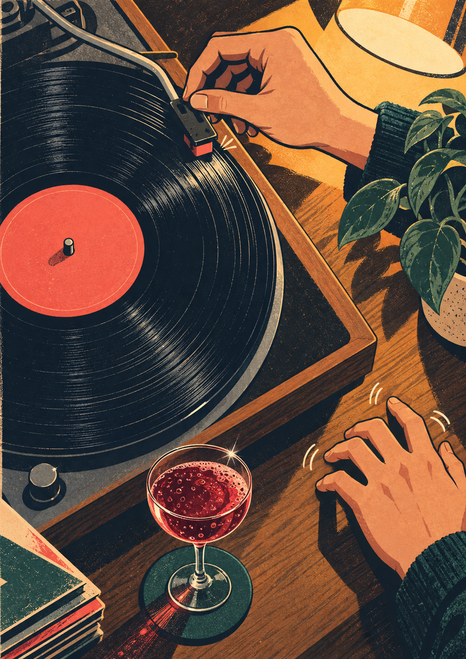 Overhead view of a vinyl record and turntable with a hand guiding the tonearm, another hand tapping nearby, and a stemmed red drink on the table.