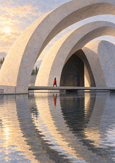 Pale stone pavilion of overlapping arches reflected in a pool, with a small figure in a red-orange coat on a bridge.