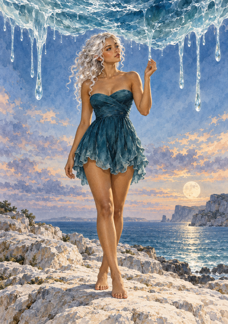 A silver-haired woman in a short teal-blue dress stands barefoot on coastal rocks beneath suspended droplets and a low moon.