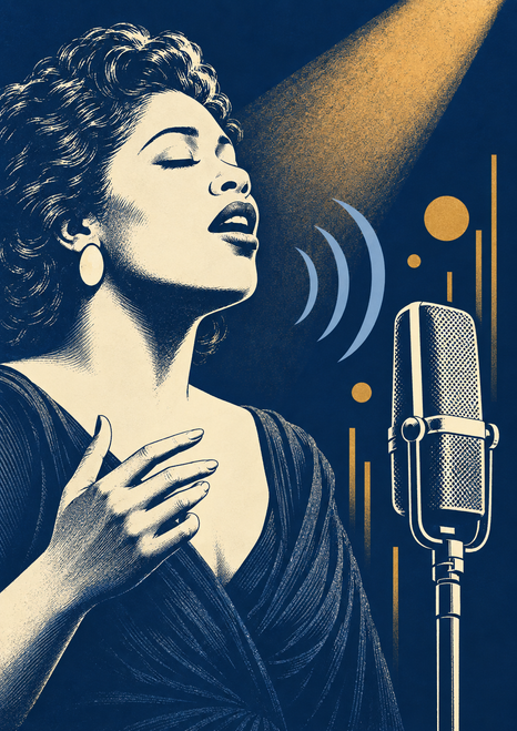 Woman singing with closed eyes and one hand near her chest beside a vintage-style microphone under a diagonal warm spotlight.