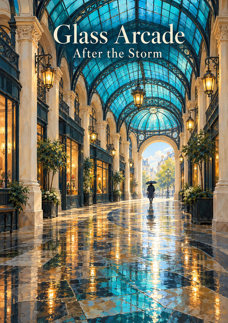 Covered arcade with a blue glass roof, cream columns, warm lamps, reflective wet flooring, an umbrella-carrying figure, and title lettering.