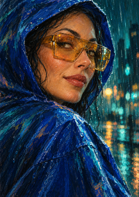 Close-up portrait of a woman in a cobalt hood and translucent amber glasses, turning toward the viewer with a raindrop on her cheek.