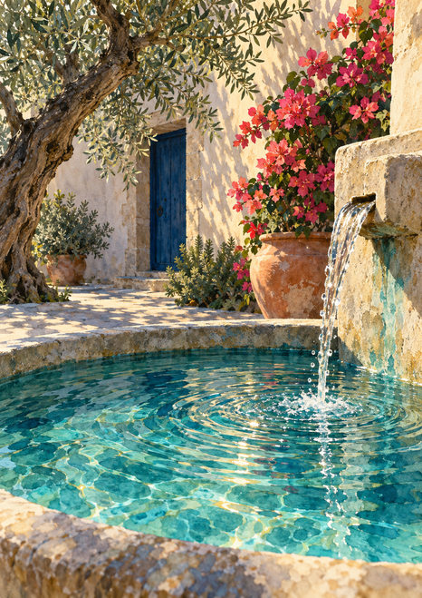 Turquoise courtyard basin with rippling water beneath a stone spout, framed by olive branches, pink bougainvillea, and a blue doorway.