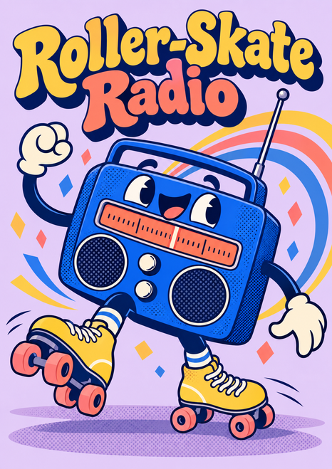 A smiling blue portable radio with raised arms roller-skates beneath the title Roller-Skate Radio, surrounded by colorful arcs and confetti.