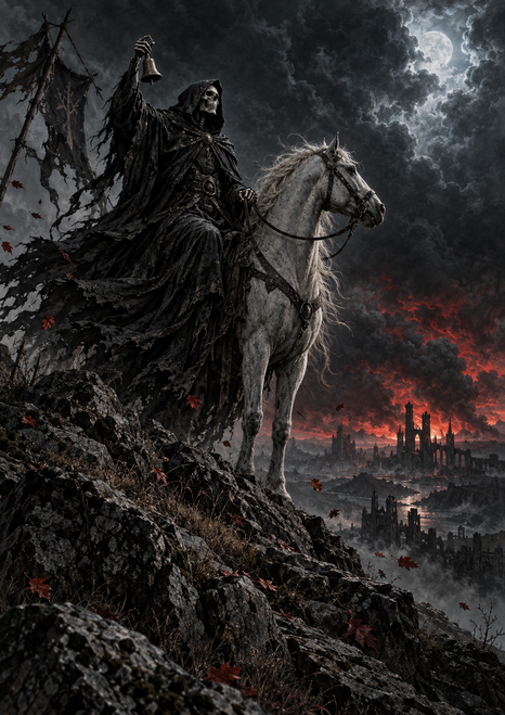 Hooded skeletal rider raising a bell while mounted on a pale horse on a rocky ridge beneath storm clouds.
