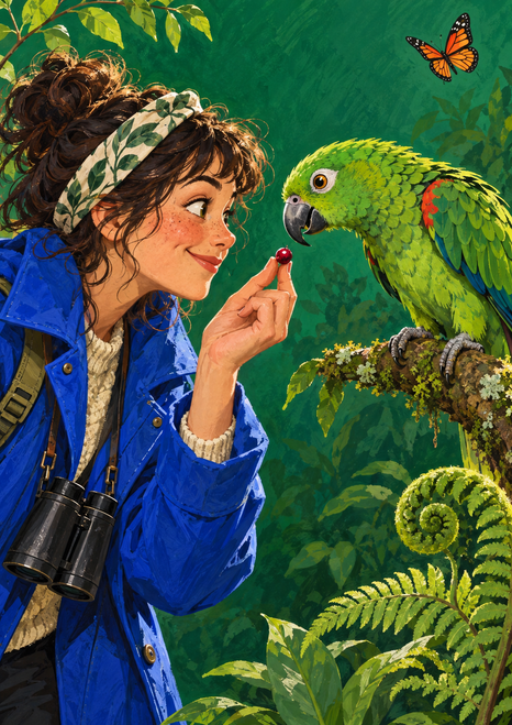 Woman in a blue jacket and binoculars offering a red berry to a green parrot perched on a branch, with a butterfly above.