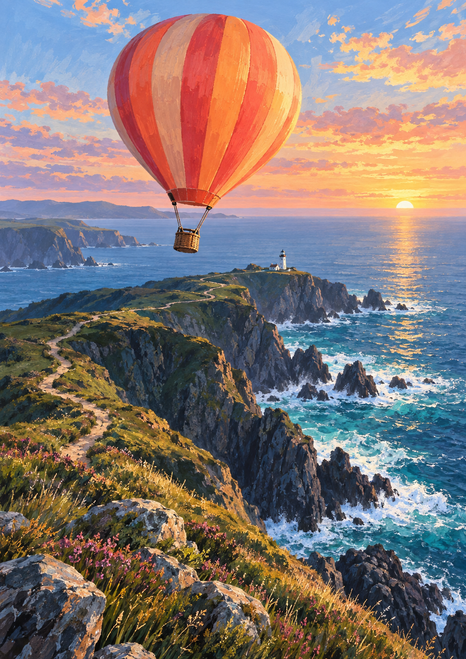 Orange and coral striped hot-air balloon above a rugged coastal headland, winding cliff path, distant lighthouse, and blue sea at sunrise.
