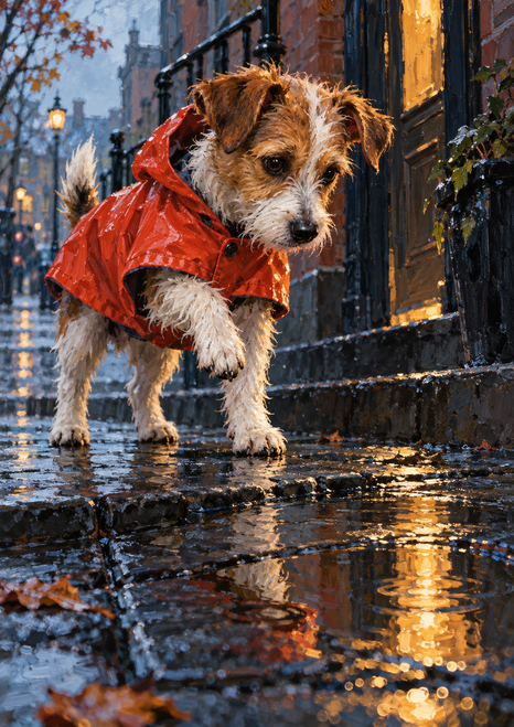 Scruffy terrier in a bright red raincoat on wet city paving beside golden puddle reflections and a warmly lit doorway.