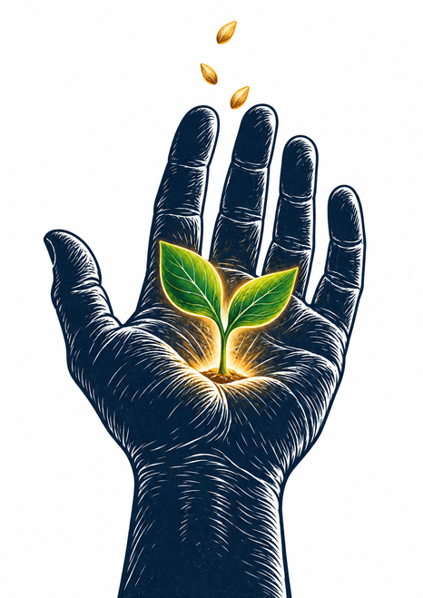 Midnight-blue carved hand cradling a glowing two-leaf seedling beneath three floating golden seeds.