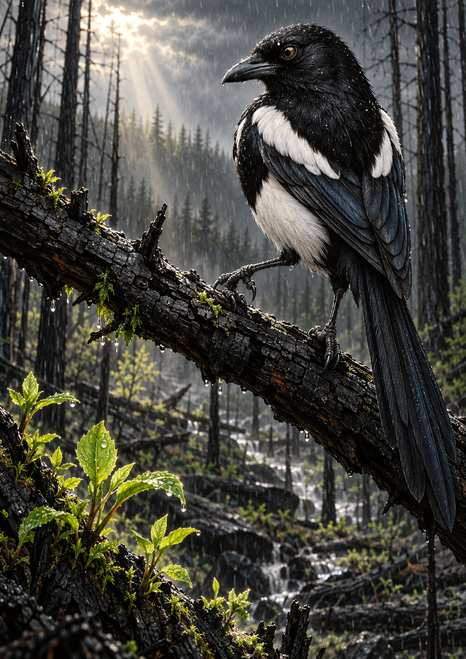 Black-and-white magpie perched on a rain-wet branch above bright green shoots in a woodland.