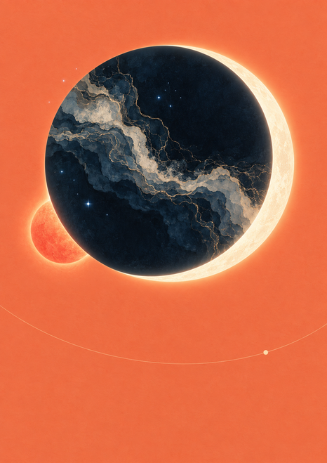 Abstract eclipse with an ivory crescent around a midnight-blue sphere, a coral sun peeking from behind, and a pale veined band against coral.