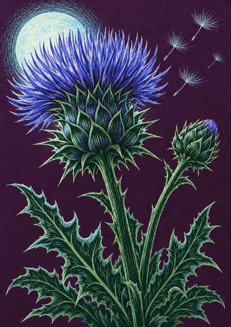 Blue-violet thistle bloom and unopened bud with spiky green foliage against plum and a pale cyan glow.