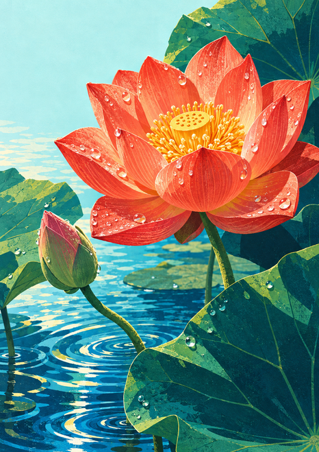 Large coral-red lotus with a golden center and rain droplets, surrounded by a bud, broad green leaves and rippling blue water.