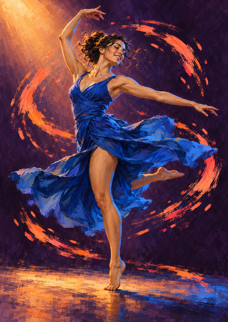 Adult woman in a cobalt dress turning with one leg raised amid orange circular motion marks.