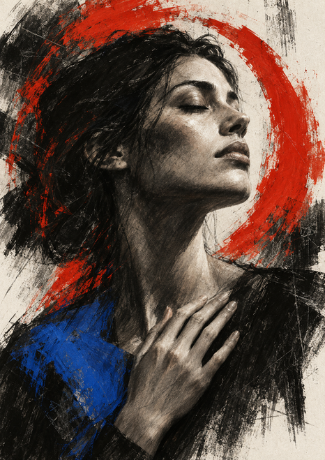 Abstract portrait of a woman with eyes closed and a hand at her upper chest, framed by a red circular sweep and blue shoulder shape.