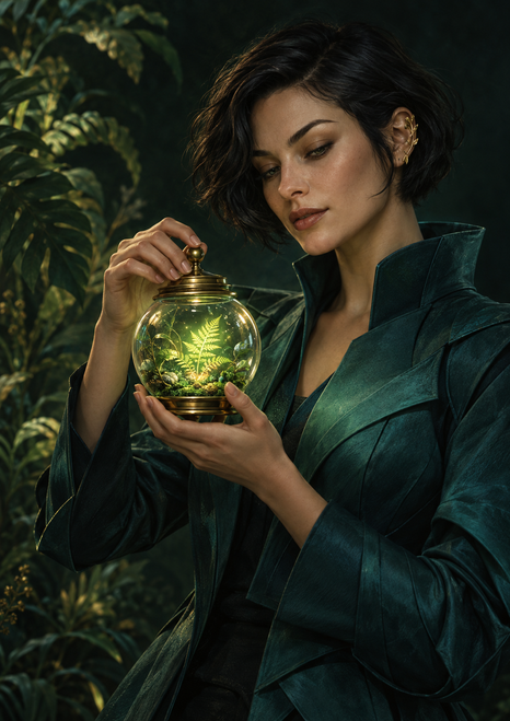 Woman with a short dark bob examining a glowing fern in a gold-toned lidded glass vessel against dark foliage.