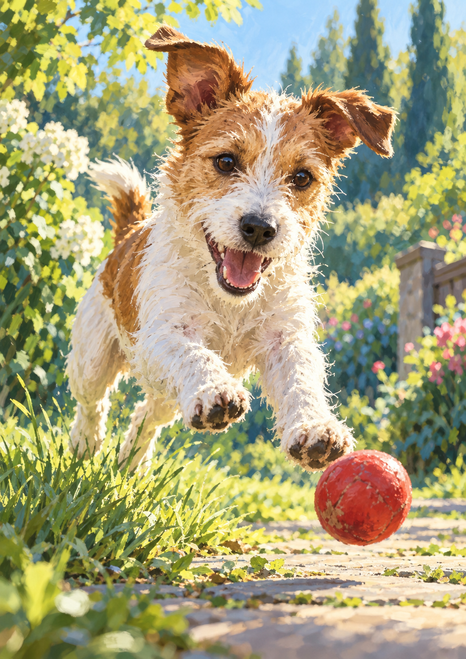 Scruffy tan-and-white terrier leaping toward a red ball on a garden path, with sunlit green foliage behind.