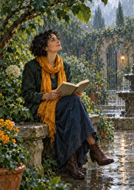 Woman with short dark curls reading an open book on a stone bench in a rain-soaked garden, wearing a marigold scarf.