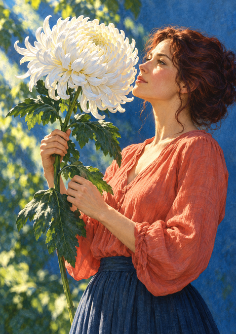 Adult woman in profile holding and studying a large white chrysanthemum against a blue leafy background.