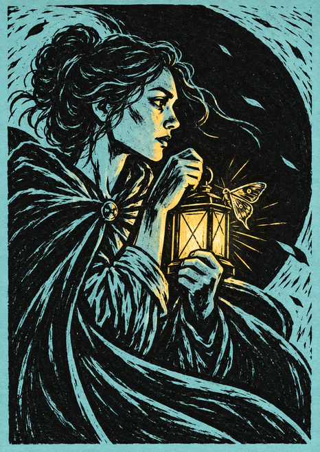 Profile of a woman in a dark cloak holding a golden lantern as a moth hovers nearby against turquoise.