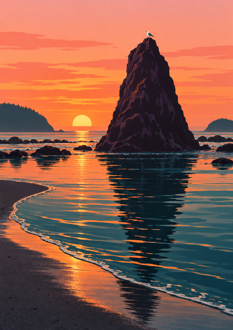 Dark sea stack with a white seabird reflected in teal coastal water beneath a coral and apricot sunset.