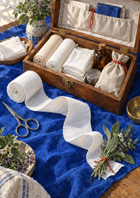 An open wooden case of bandages and gauze sits on blue cloth as a white bandage curves toward a tied sprig of herbs.