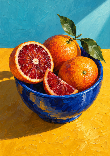 Cut blood orange and whole oranges with a leafy sprig in a cobalt bowl against a turquoise wall and yellow tabletop.