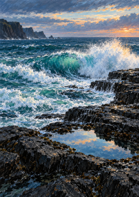 Turquoise breaking wave with white spray meeting a dark rocky shoreline, with a reflective tide pool in the foreground and headland at left.
