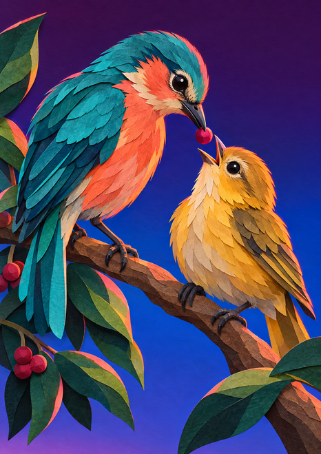 Teal-and-coral bird and smaller golden bird sharing a red berry on a diagonal branch among leaves against a purple-blue background.