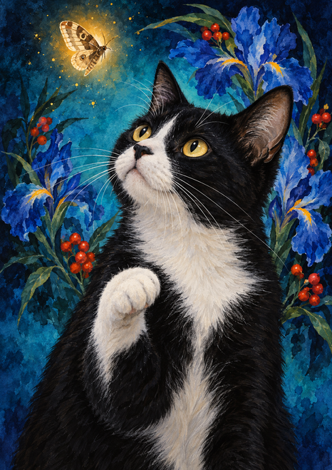 Black-and-white tuxedo cat with one paw raised, watching a glowing moth among blue irises and red berries.