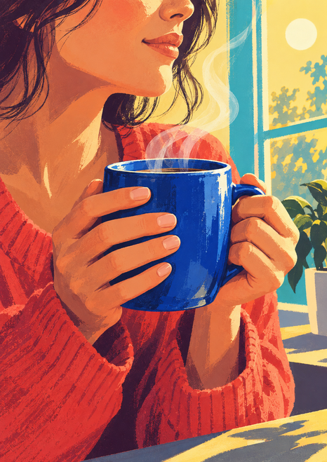Cropped woman in coral-red knit sleeves holding a steaming blue mug near her face beside a bright window.