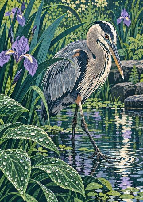 Grey-and-cream heron standing in shallow water among tall iris leaves and violet flowers, with a circular ripple nearby.