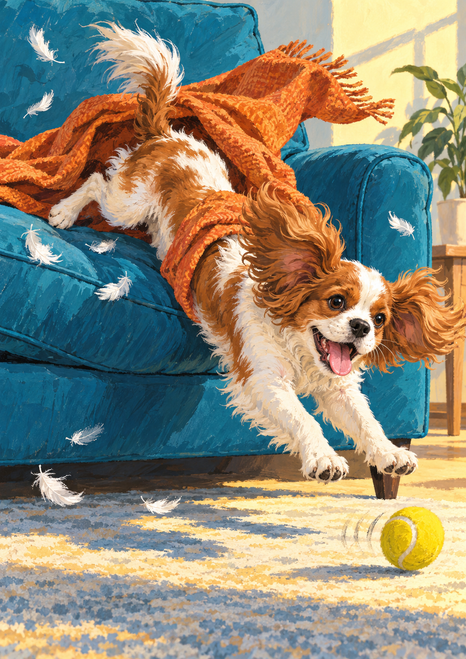 Brown-and-white long-eared dog tumbling off a blue armchair beneath an orange blanket, with feathers and a yellow ball nearby.