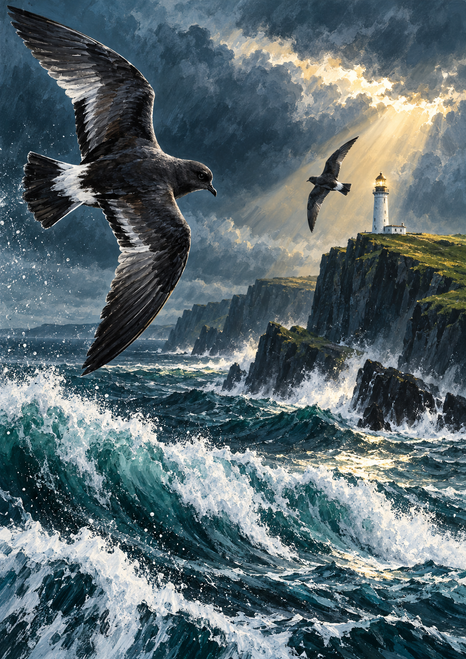 Two seabirds above foaming teal waves approach a white lighthouse on a dark rocky headland beneath a break in storm clouds.