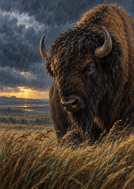 Close-up of a dark-haired bison standing in rain above prairie grasses, with storm clouds and a narrow amber horizon.