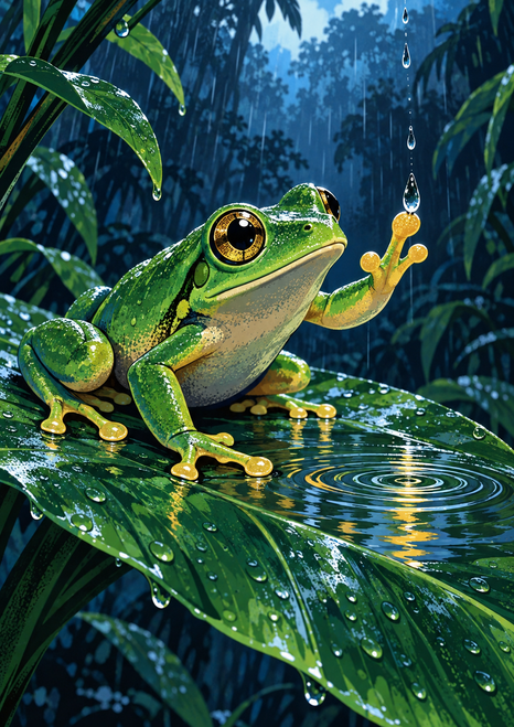 A vivid green frog reaches toward a raindrop on a glossy leaf above circular ripples.