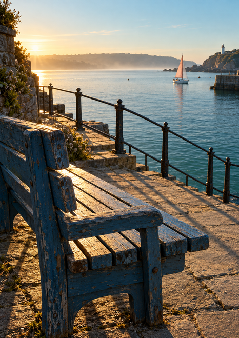 Weathered blue wooden bench beside harbor steps and railing, with calm water, a small sailboat, and distant headlands.