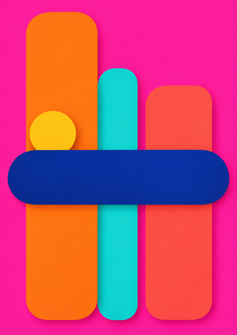Abstract poster with orange, turquoise, and coral vertical bars, a navy horizontal bar, and a golden circle on electric pink.