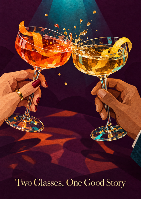 Two hands clink coupe glasses with orange and amber drinks, citrus twists, and a golden splash against a dark plum background; title below.