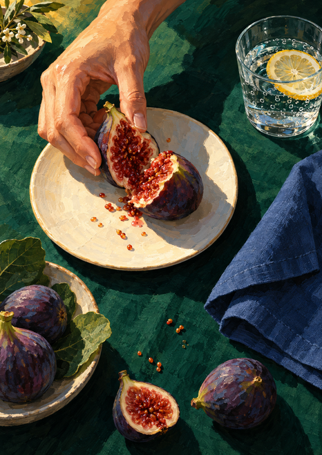 A hand opens a ripe purple fig over an ivory plate, with lemon water, a blue napkin, and more figs on a dark green table.