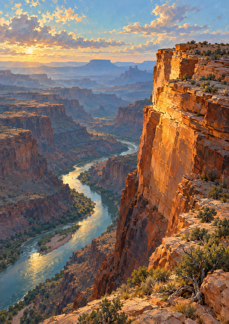 Sunlit sandstone cliff above a winding canyon river, with distant hazy blue mesas and a pale sky.