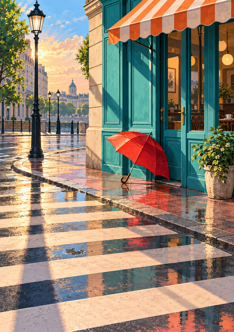 Red umbrella by a turquoise café doorway on a wet street, with a striped awning, reflective crosswalk, flower planter and lamppost.