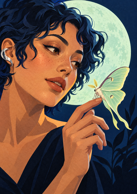 Young woman with midnight-blue curls and a silver ear cuff studying a pale green moth on her raised fingertip before a mint moon disc.