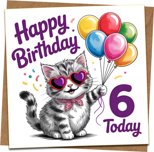 6th Birthday Card Girl Boy 145mm Cute Kitten with Balloons Heart Sunglasses – Happy Birthday 6 Today – Children Kids Age Six Greeting Card with Kraft Envelope